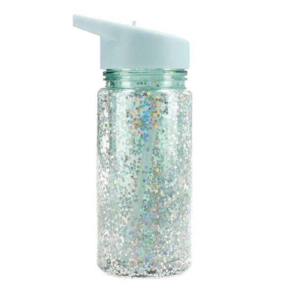 Botella Plástico con Pajita Glitter Stars Turquoise Personalizable