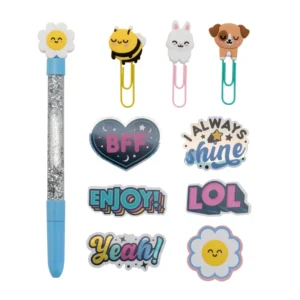 Set de estuche + boli + clips + pegatinas glitter - Write your own destiny