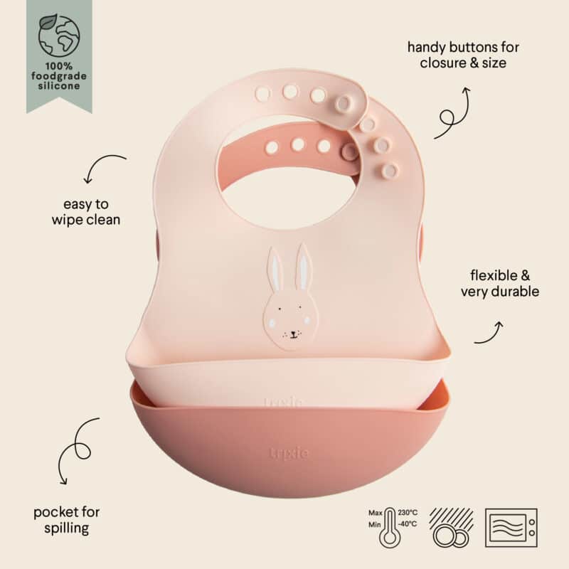 Babero de Silicona 2 uds Mrs. Rabbit de Trixie – Suaves, Prácticos y con Bolsillo Recolector