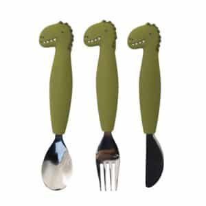 Cubiertos de Silicona 3 Piezas Mr. Dino de Trixie – Cuchara, Tenedor y Cuchillo Blanditos, Ergonómicos y Antideslizantes