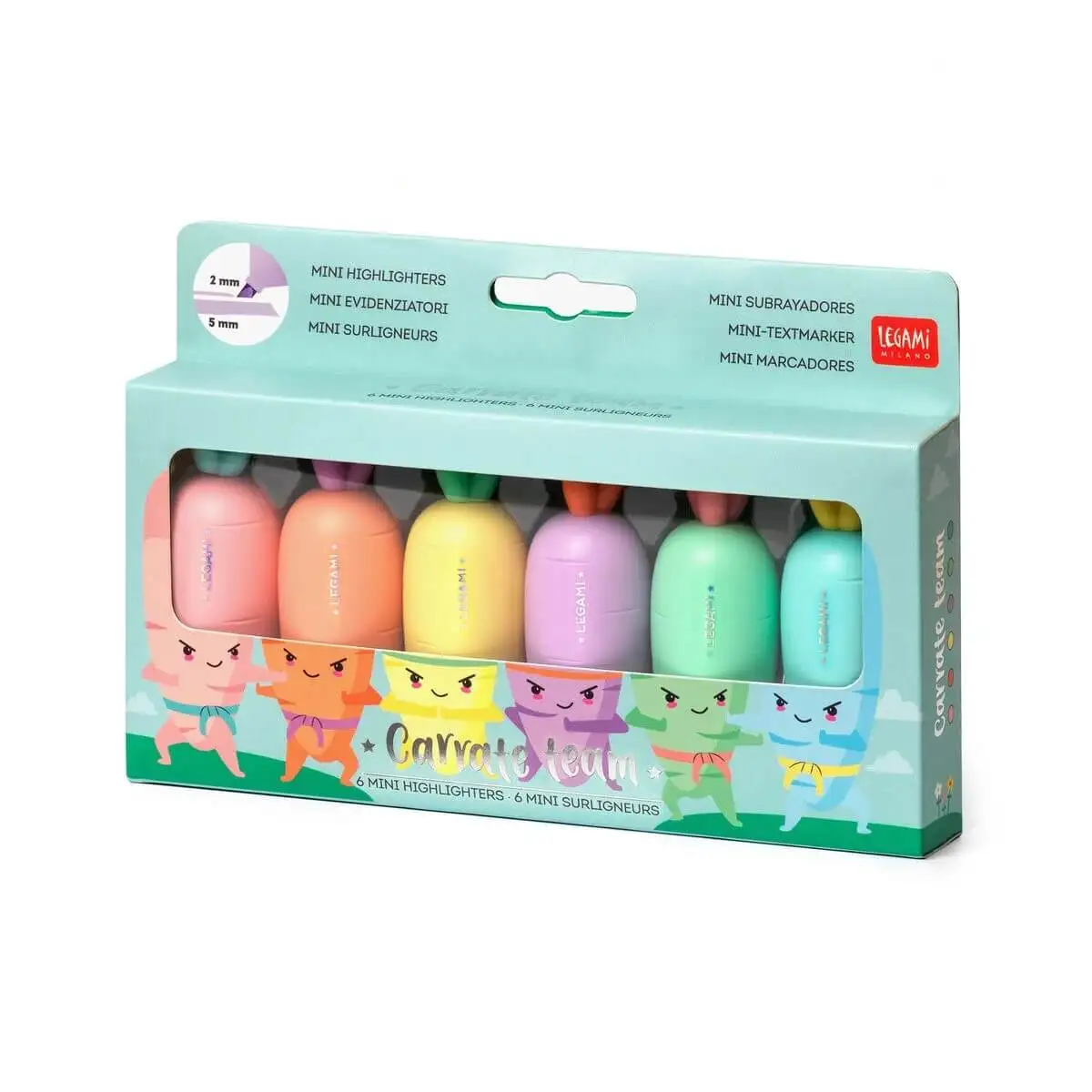 Set de 6 Mini Marcadores Carrate Team de Legami – Tamaño Compacto y Estilo Kawaii para Colorear y Subrayar