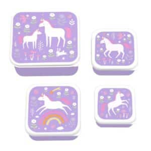 Set 4 Cajas Snack Unicornios – Contenedores infantiles apilables – A Little Lovely Company – Organización mágica para el cole