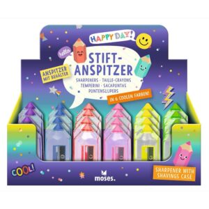 Sacapuntas con depósito forma lápiz – Colores surtidos – Moses