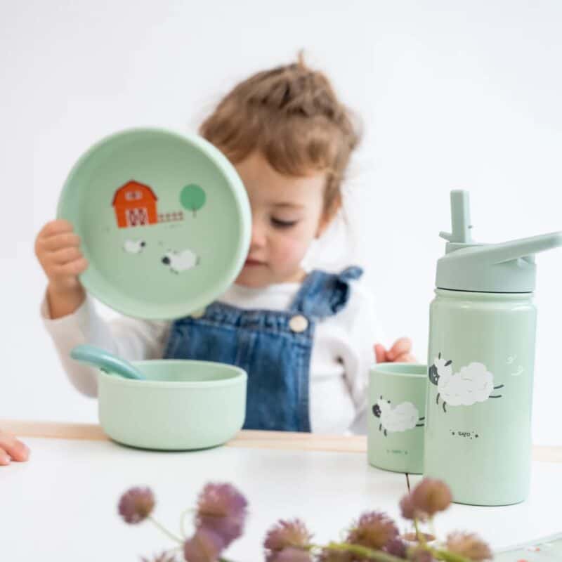Botella térmica con pajita Funny Farm 350 ml – Acero inoxidable infantil – Saro Baby – Bebidas frías y calientes desde 12 meses