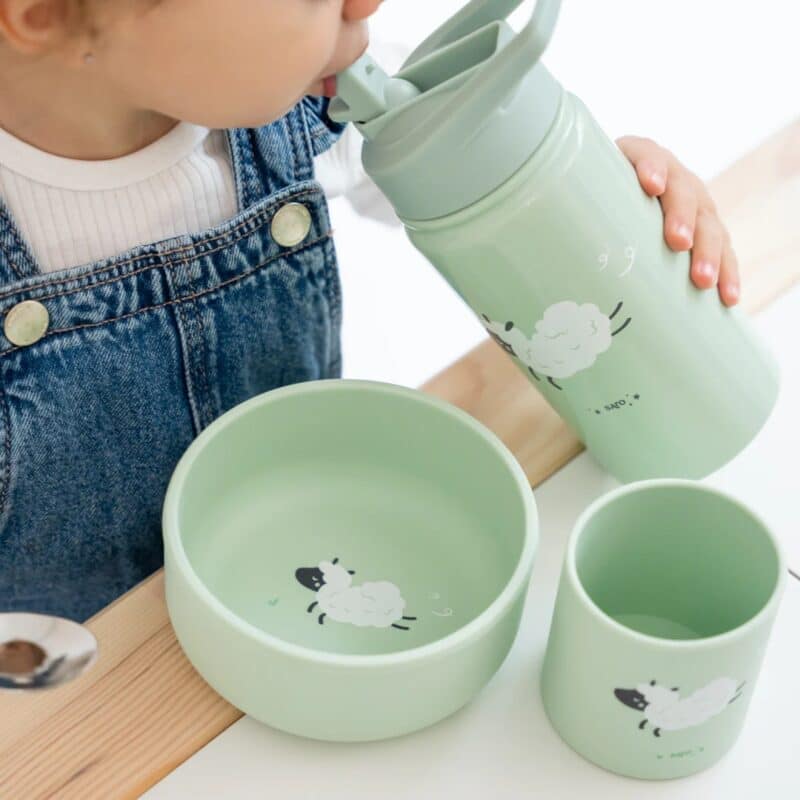 Botella térmica con pajita Funny Farm 350 ml – Acero inoxidable infantil – Saro Baby – Bebidas frías y calientes desde 12 meses