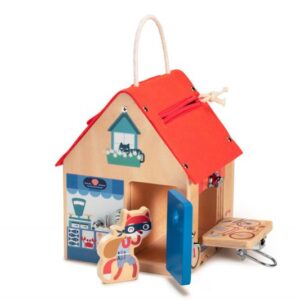 Casa de aprendizaje de cierres – Casita de madera con mecanismos – Lilliputiens – Juego de motricidad para 3+ años