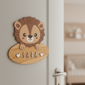 Placa Decorativa Personalizada León – Decoración infantil en madera – Vintiun – Personalizable con nombre