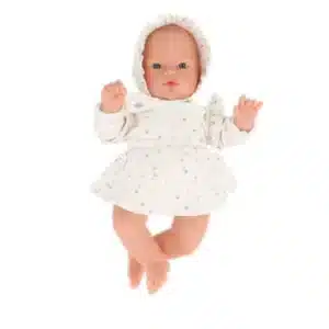 Muñeca Helena Monnëka con Gorrito Flores Blancas – Muñeca de trapo 34 cm – Cuerpo blandito y look floral desde 3 años