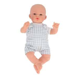 Muñeco Mateo con Peto Vichy Azul – Muñeco de cuerpo blandito 34 cm – Monnëka – Juego simbólico desde 3 años