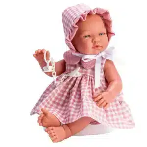 María Cuadros Rosas con Pololo y Cuello de Gasa Rosa – Muñeca de vinilo 43 cm – ASIVIL – Juego de cuidado desde 3 años